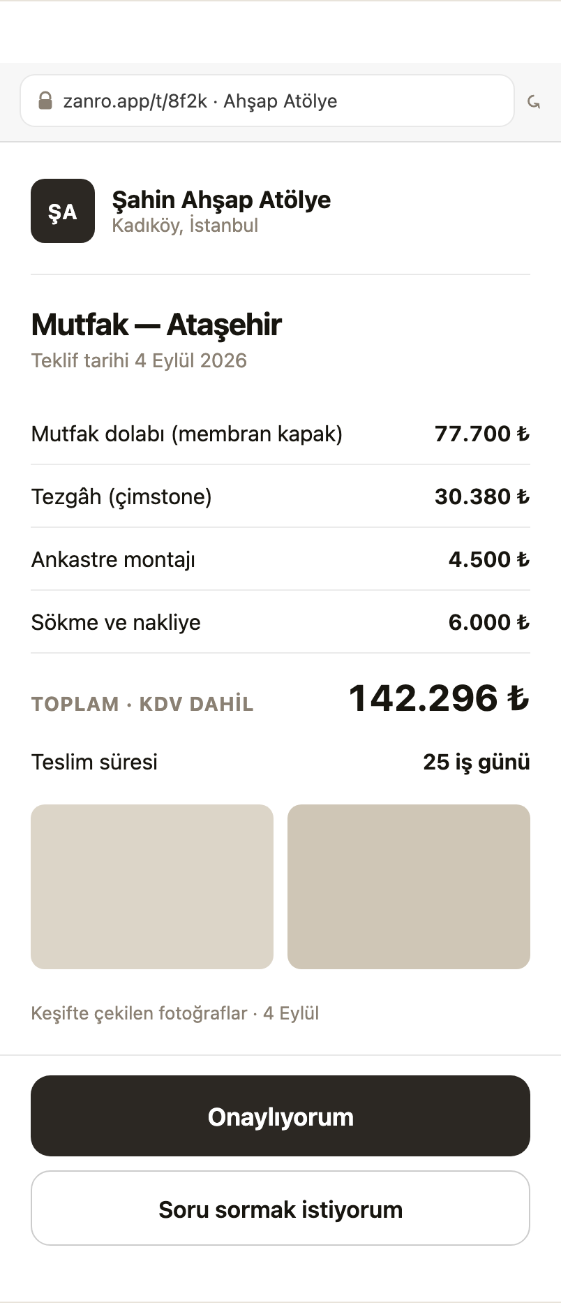 Teklif müşteriye tek linkte gider